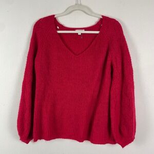 ANDRÉE‎ BY UNIT Red V Neck Knit Sweater Balloon Sleeve Women's Size L
